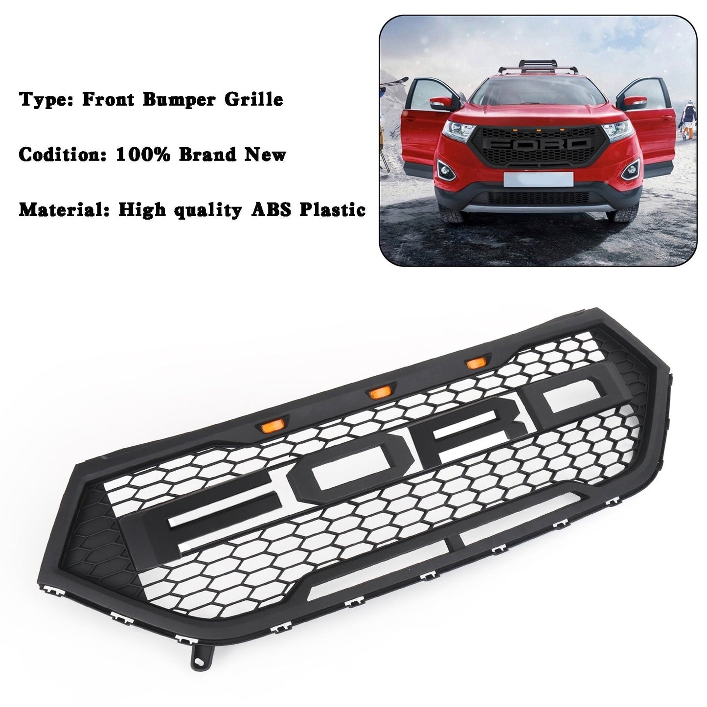 2015-2018 Ford Edge Raptor Style Front Bumper Grill Upper Black Grill