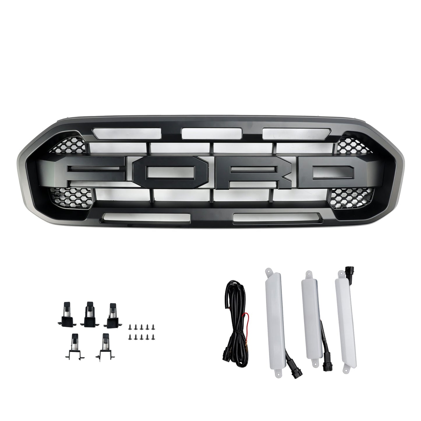 Ford Ranger 2019-2023 Front Bumper Grill Raptor / Honeycomb / Mesh Style Black Grille W/ 3 White LED Light