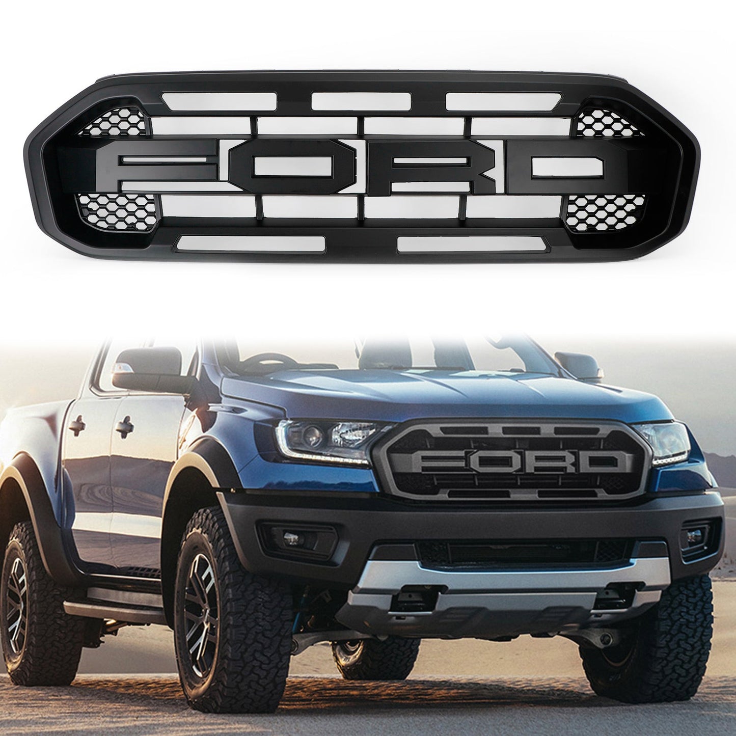 2019-2023 Raptor Style Grill Ford Ranger Matte Black Front Bumper Replacement Grille + Letter