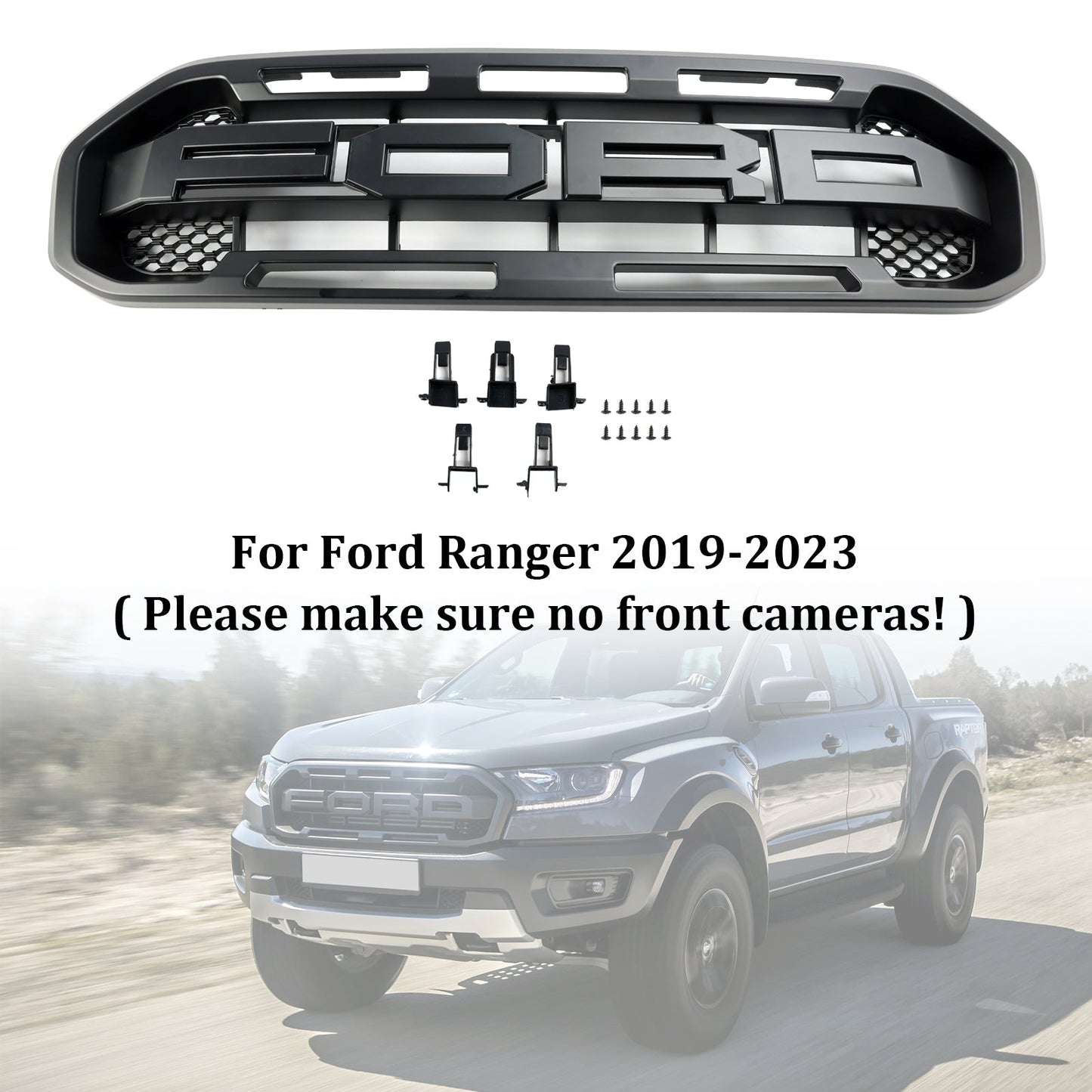 Ford Ranger 2019-2023 Front Bumper Grill Raptor / Honeycomb / Mesh Style Black Grille W/ 3 White LED Light