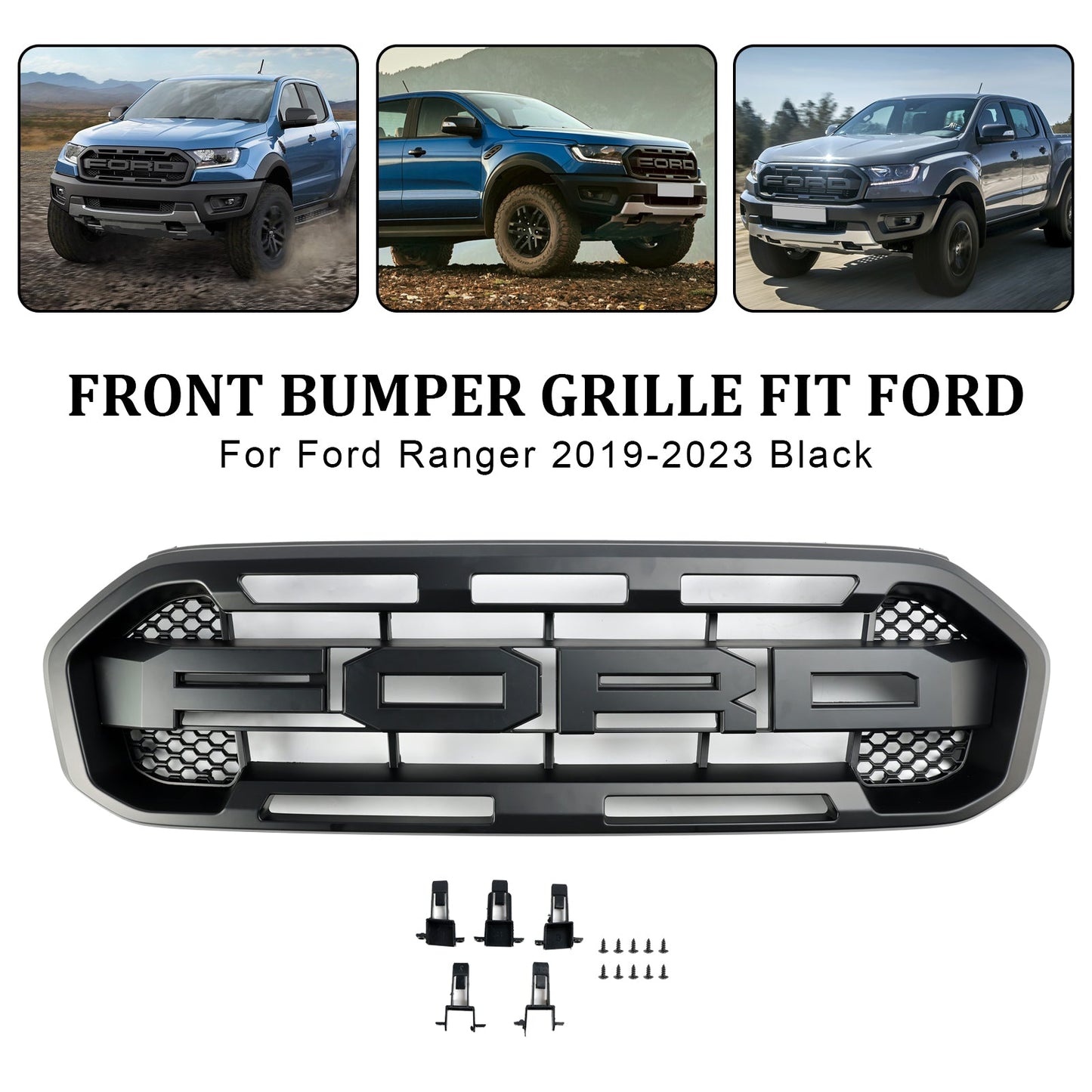 2019-2023 Raptor Style Grill Ford Ranger Matte Black Front Bumper Replacement Grille + Letter