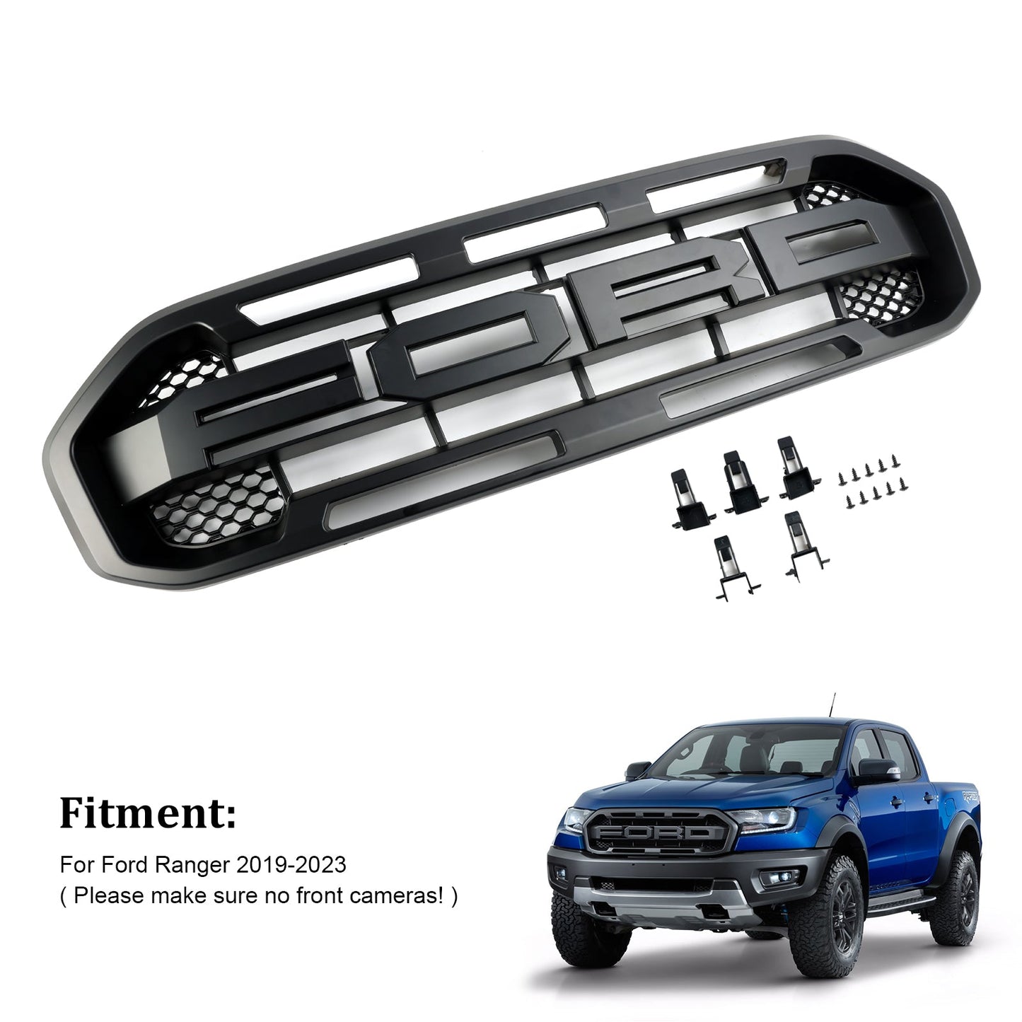 2019-2023 Raptor Style Grill Ford Ranger Matte Black Front Bumper Replacement Grille + Letter