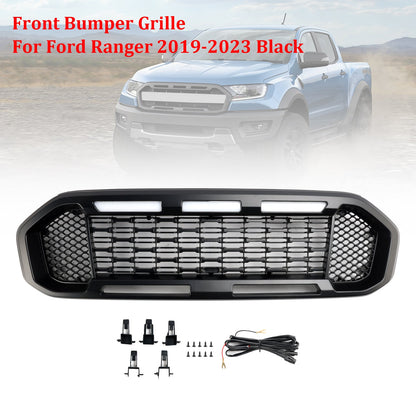 Ford Ranger 2019-2023 Front Bumper Grill Raptor / Honeycomb / Mesh Style Black Grille W/ 3 White LED Light