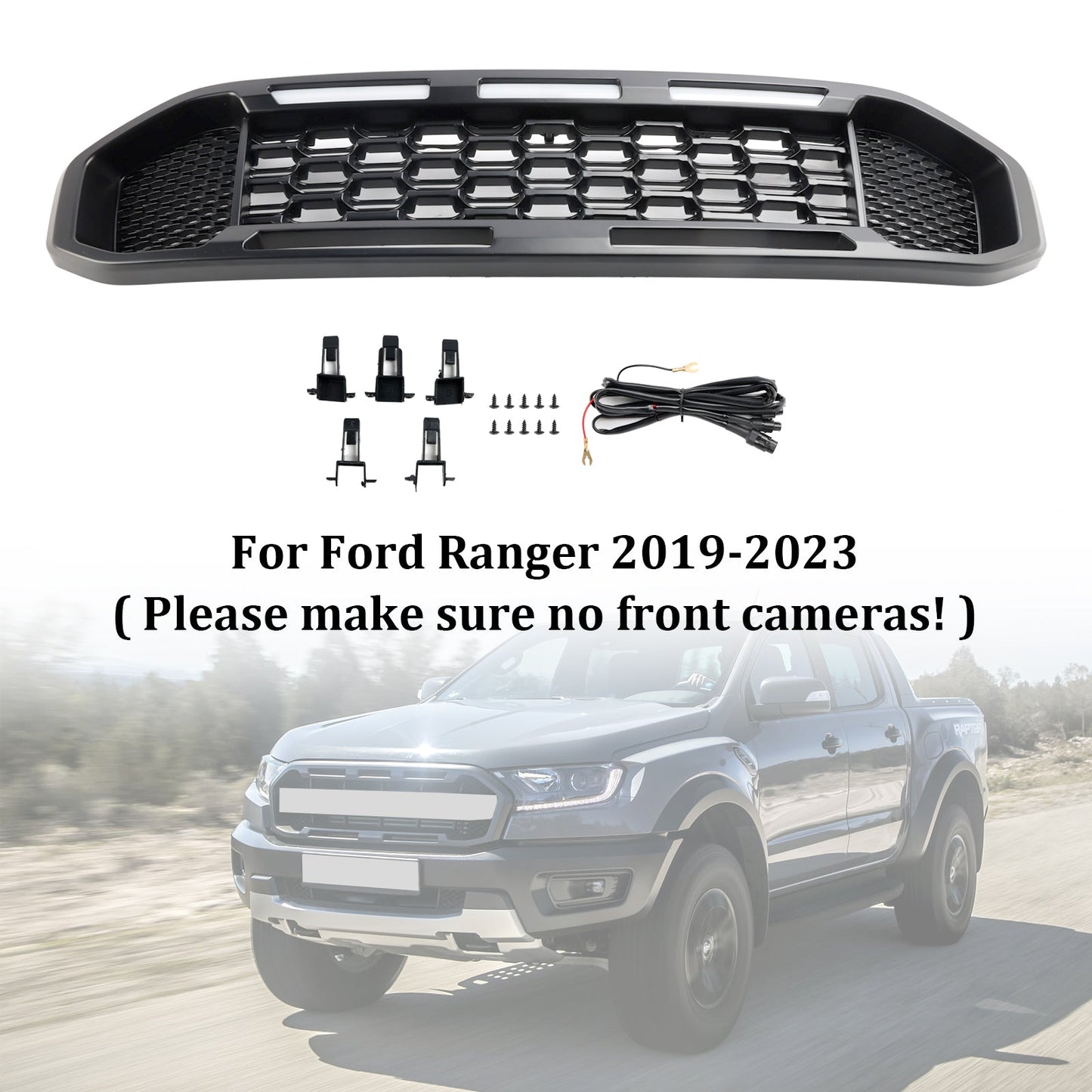 Ford Ranger 2019-2023 Front Bumper Grill Raptor / Honeycomb / Mesh Style Black Grille W/ 3 White LED Light