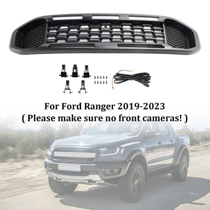 Ford Ranger 2019-2023 Front Bumper Grill Raptor / Honeycomb / Mesh Style Black Grille W/ 3 White LED Light