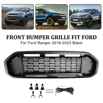 Ford Ranger 2019-2023 Front Bumper Grill Raptor / Honeycomb / Mesh Style Black Grille W/ 3 White LED Light