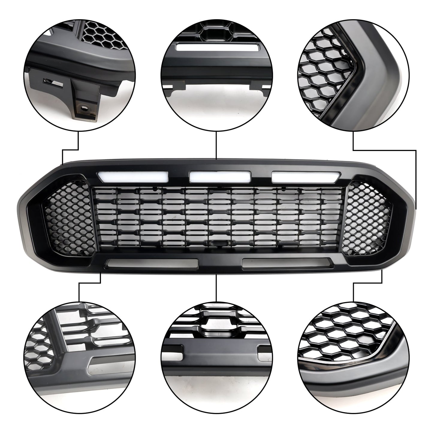 Ford Ranger 2019-2023 Front Bumper Grill Raptor / Honeycomb / Mesh Style Black Grille W/ 3 White LED Light