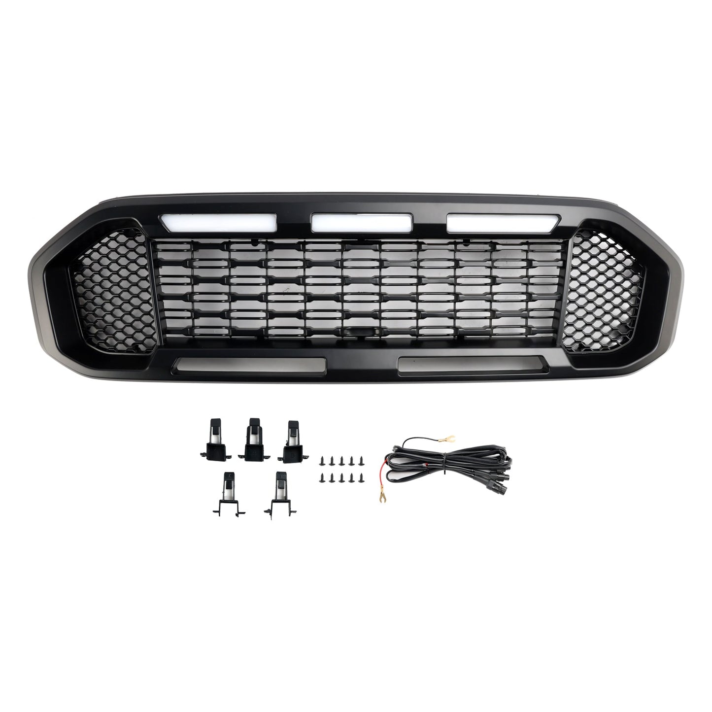 Ford Ranger 2019-2023 Front Bumper Grill Raptor / Honeycomb / Mesh Style Black Grille W/ 3 White LED Light