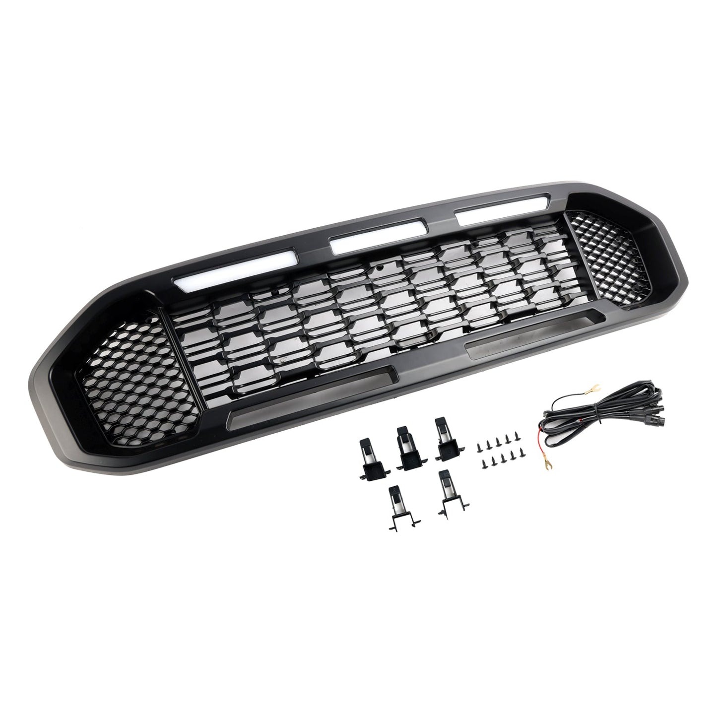 Ford Ranger 2019-2023 Front Bumper Grill Raptor / Honeycomb / Mesh Style Black Grille W/ 3 White LED Light