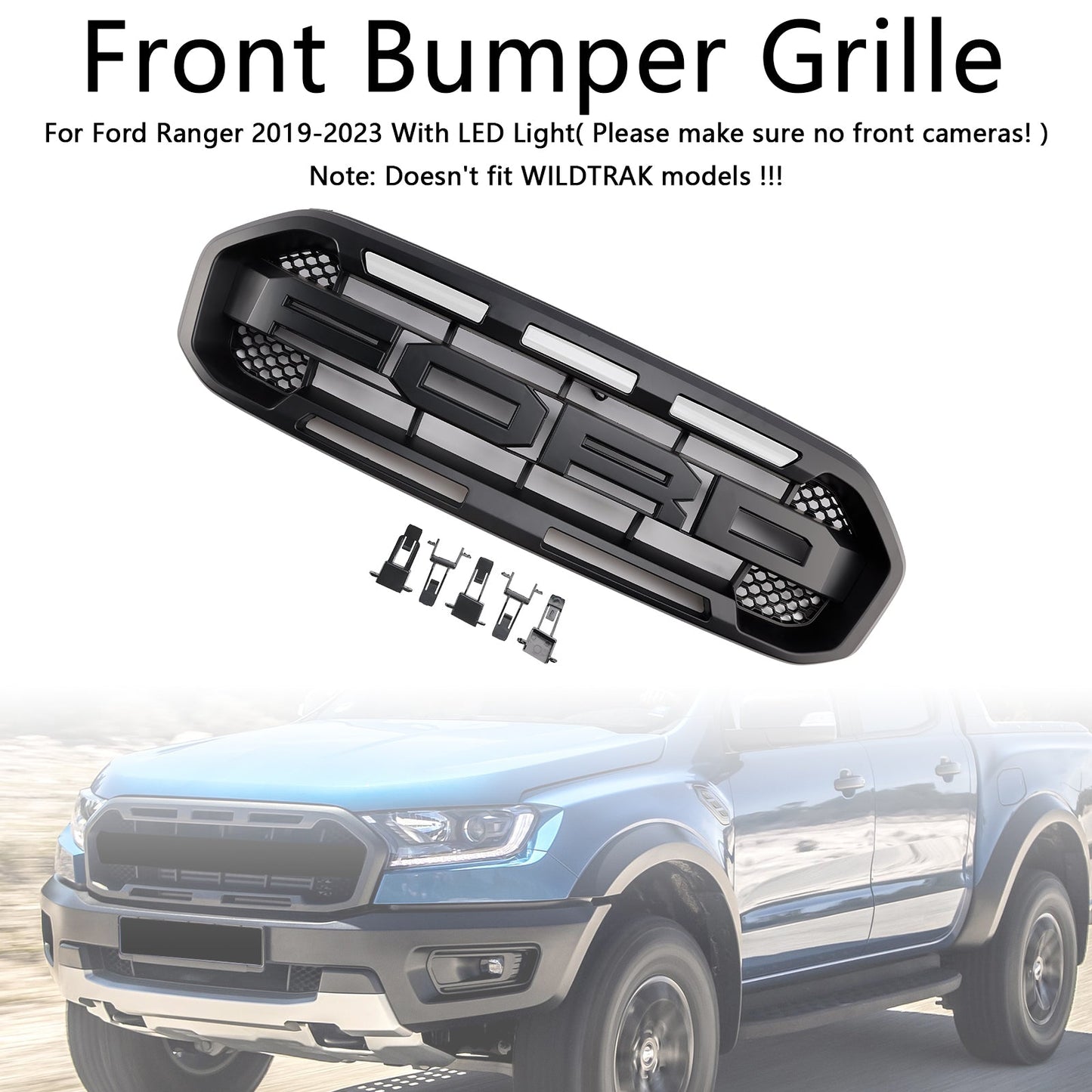 2019 2020 2021 2022 2023 Ford Ranger Matte Black Raptor Style Front Grill Replacement Grille With White LED Light