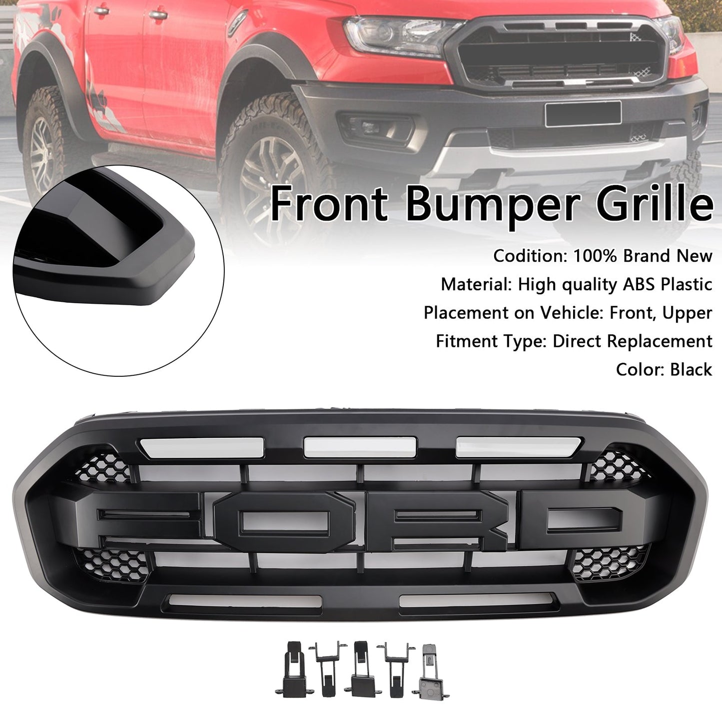 2019 2020 2021 2022 2023 Ford Ranger Matte Black Raptor Style Front Grill Replacement Grille With White LED Light