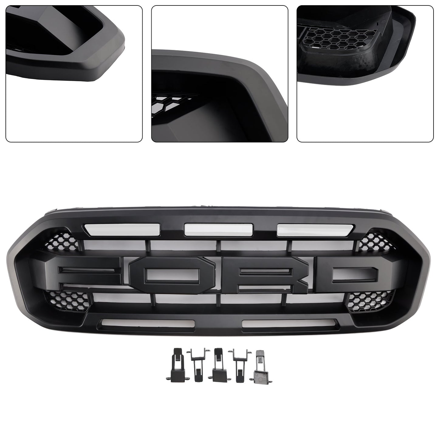 2019 2020 2021 2022 2023 Ford Ranger Matte Black Raptor Style Front Grill Replacement Grille With White LED Light