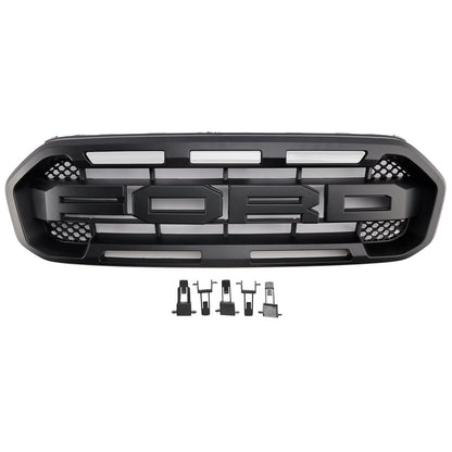 2019-2023 Ford Ranger Black Raptor Style Front Bumper Grill Black Grille W/ 3 White LED Light