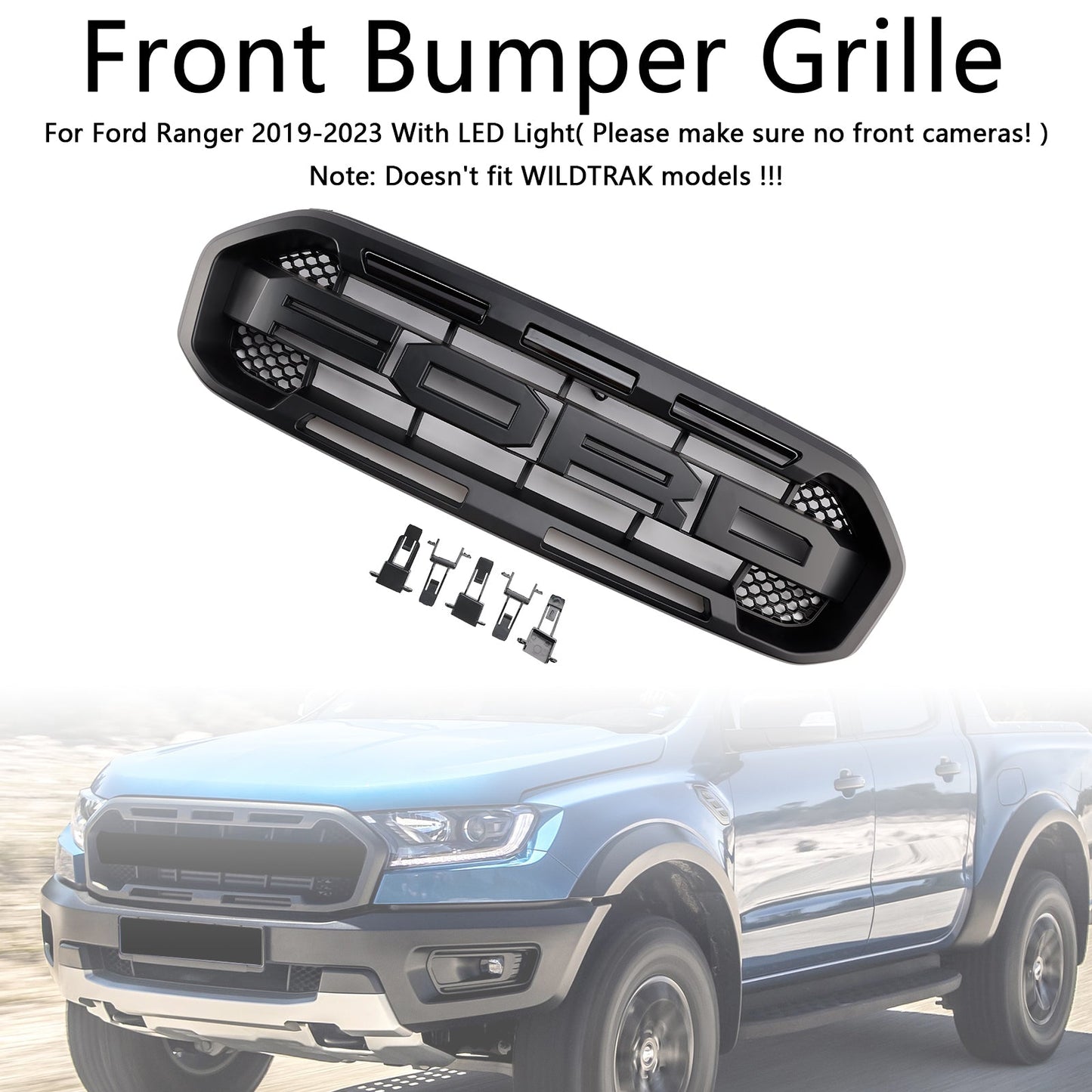 2019-2023 Ford Ranger Raptor Style Front Grille Replacement Grill With White / Yellow LED Light