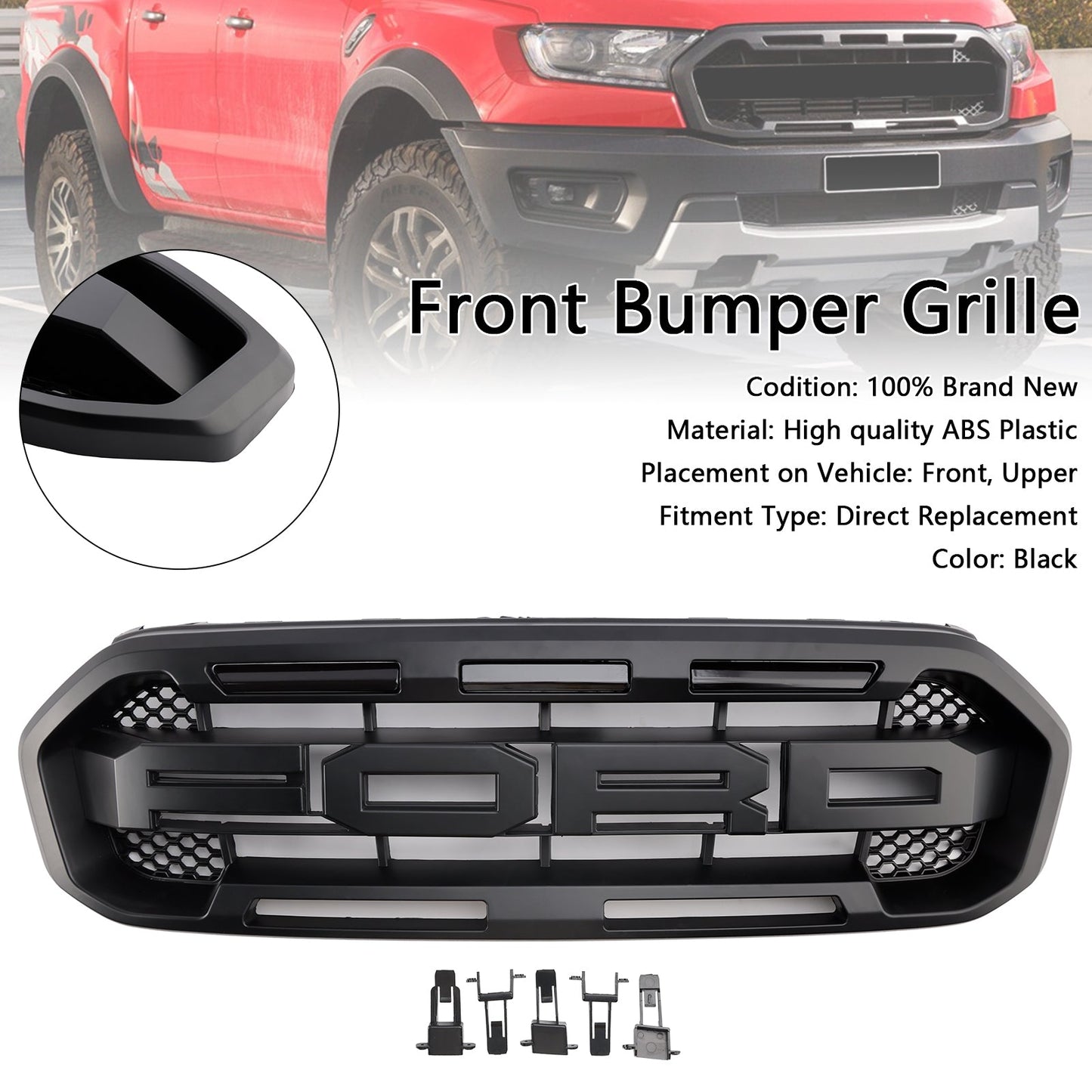 2019-2023 Ford Ranger Raptor Style Front Grille Replacement Grill With White / Yellow LED Light