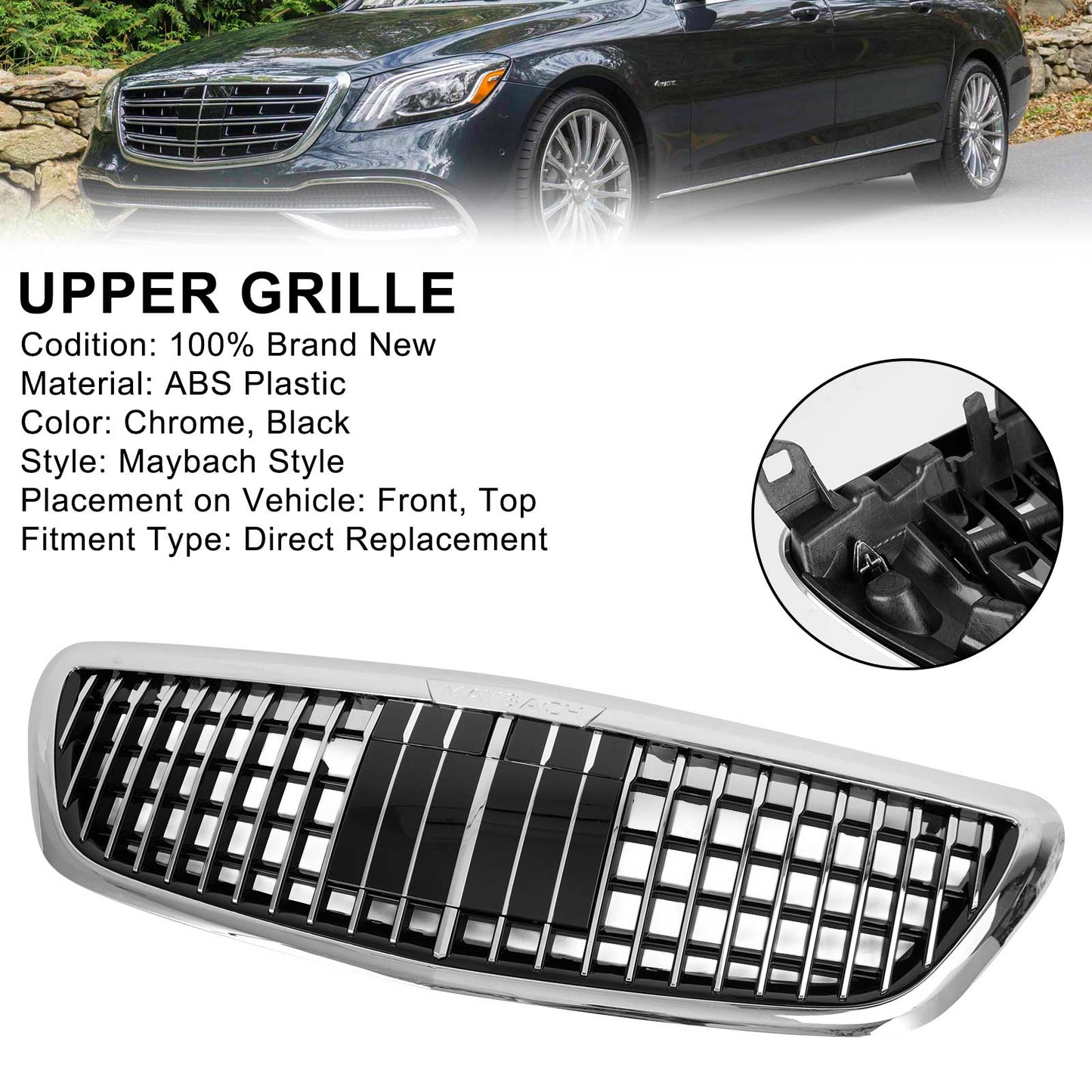 2014-2020 Mercedes Benz S-Class W222 Front Grill Maybach Style Chrome Bumper Replacement Grille