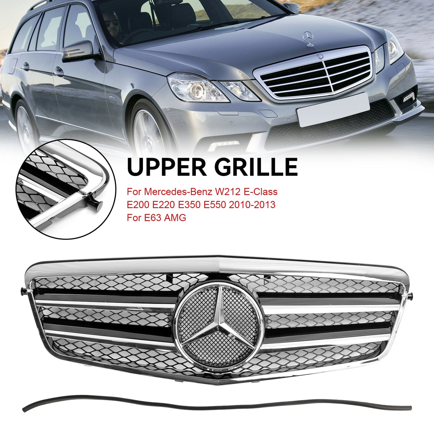 2009 2010 2011 2012 2013 Mercedes-Benz E-Class W212 AMG Style Chrome Grill  Front Bumper Replacement Grille With Emblem