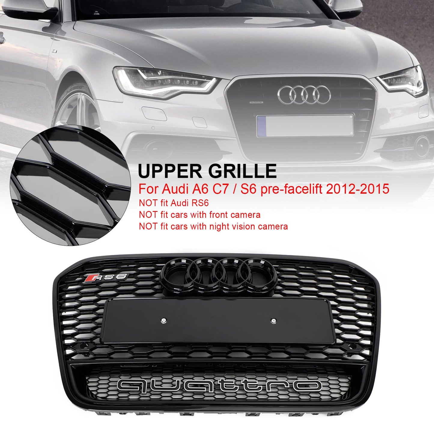2012-2015 Audi A6 / A6 Sline / S6 C7 Front Bumper With Emblem Mesh Black Grill With Quattro Letter RS6 Honeycomb Grille