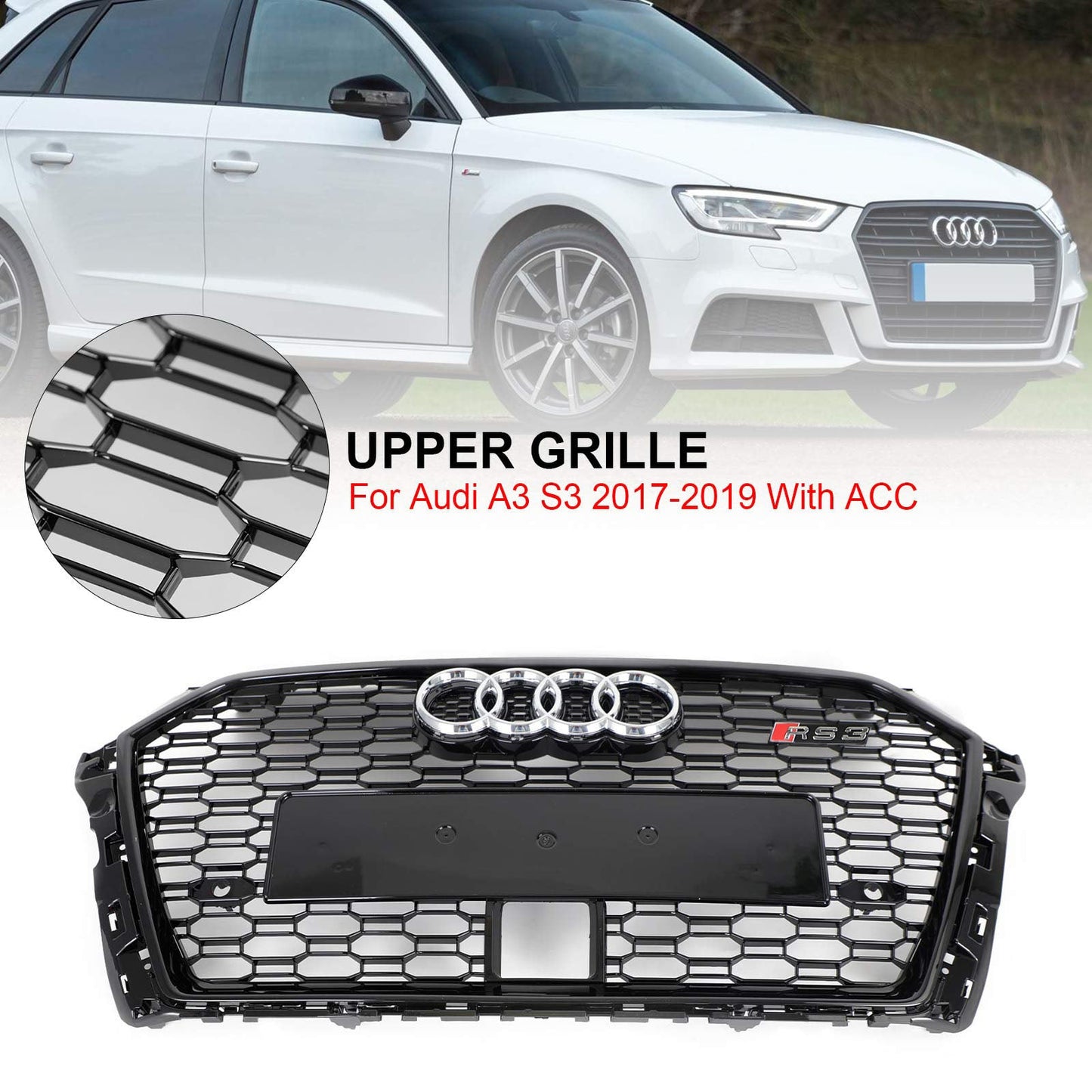 2017-2019 Audi A3 /A3 Sile /S3 Front Bumper Replacement Black Grill W/ Ring Emblem & ACC Hole RS3 Style Honeycomb Grille