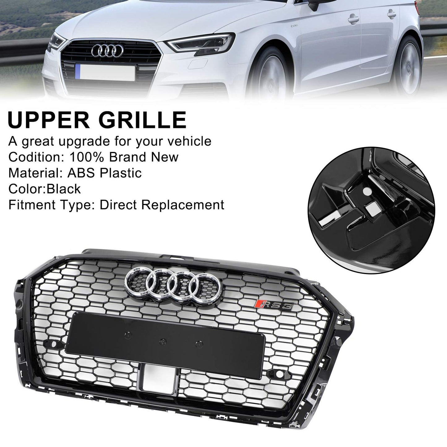 2017-2019 Audi A3 /A3 Sile /S3 Front Bumper Replacement Black Grill W/ Ring Emblem & ACC Hole RS3 Style Honeycomb Grille