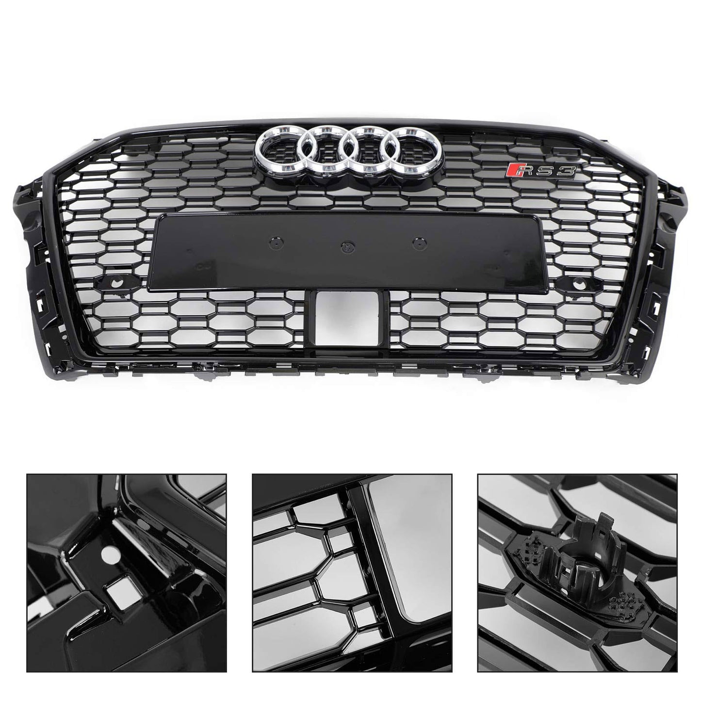 2017-2019 Audi A3 /A3 Sile /S3 Front Bumper Replacement Black Grill W/ Ring Emblem & ACC Hole RS3 Style Honeycomb Grille