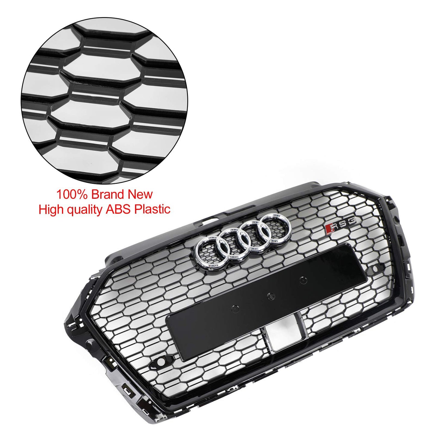 2017-2019 Audi A3 /A3 Sile /S3 Front Bumper Replacement Black Grill W/ Ring Emblem & ACC Hole RS3 Style Honeycomb Grille