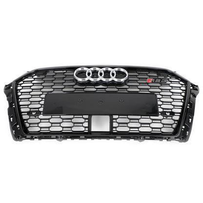2017-2019 Audi A3 /A3 Sile /S3 Front Bumper Replacement Black Grill W/ Ring Emblem & ACC Hole RS3 Style Honeycomb Grille