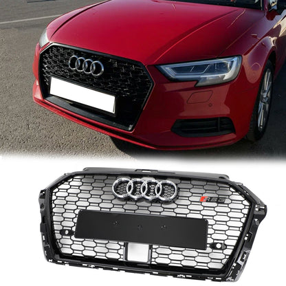 2017-2019 Audi A3 /A3 Sile /S3 Front Bumper Replacement Black Grill W/ Ring Emblem & ACC Hole RS3 Style Honeycomb Grille