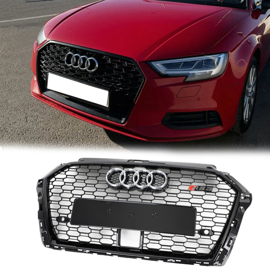 2017-2019 Audi A3 /A3 Sile /S3 Front Bumper Replacement Black Grill W/ Ring Emblem & ACC Hole RS3 Style Honeycomb Grille