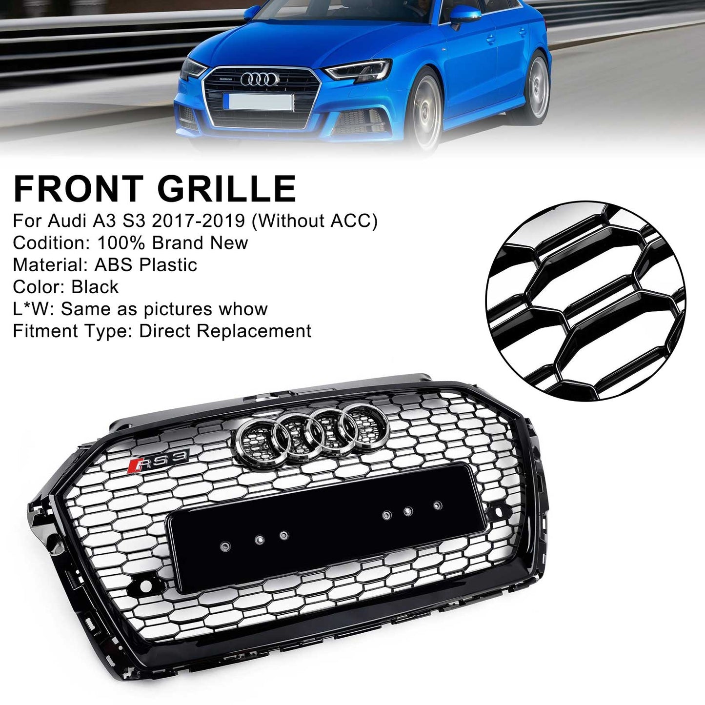 2017-2019 Audi A3/ A3 Sline/ S3 RS3 Style Honeycomb Mesh Grille Front Bumper Glossy Black Grill With Ring Emblem