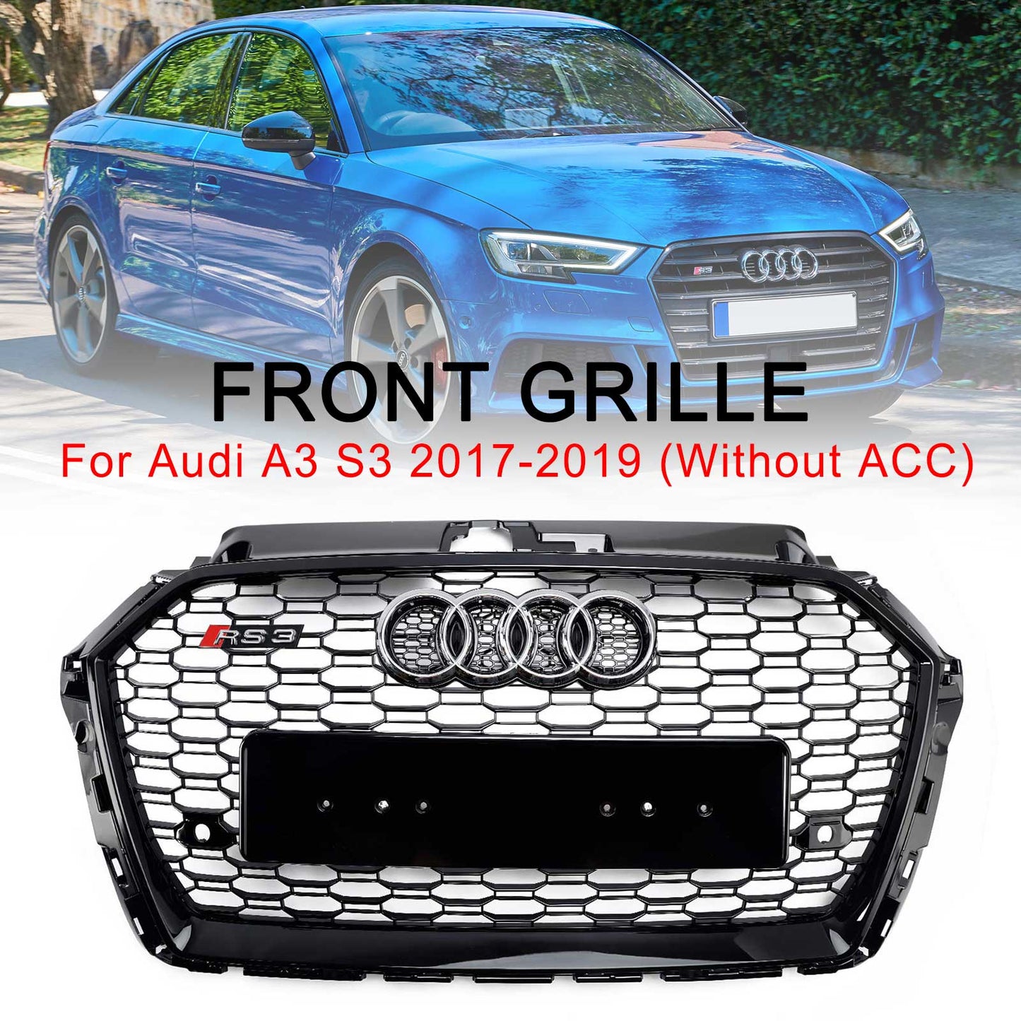 2017-2019 Audi A3 S3 Honeycomb Mesh Front Bumper Grille Replacement Black Grill
