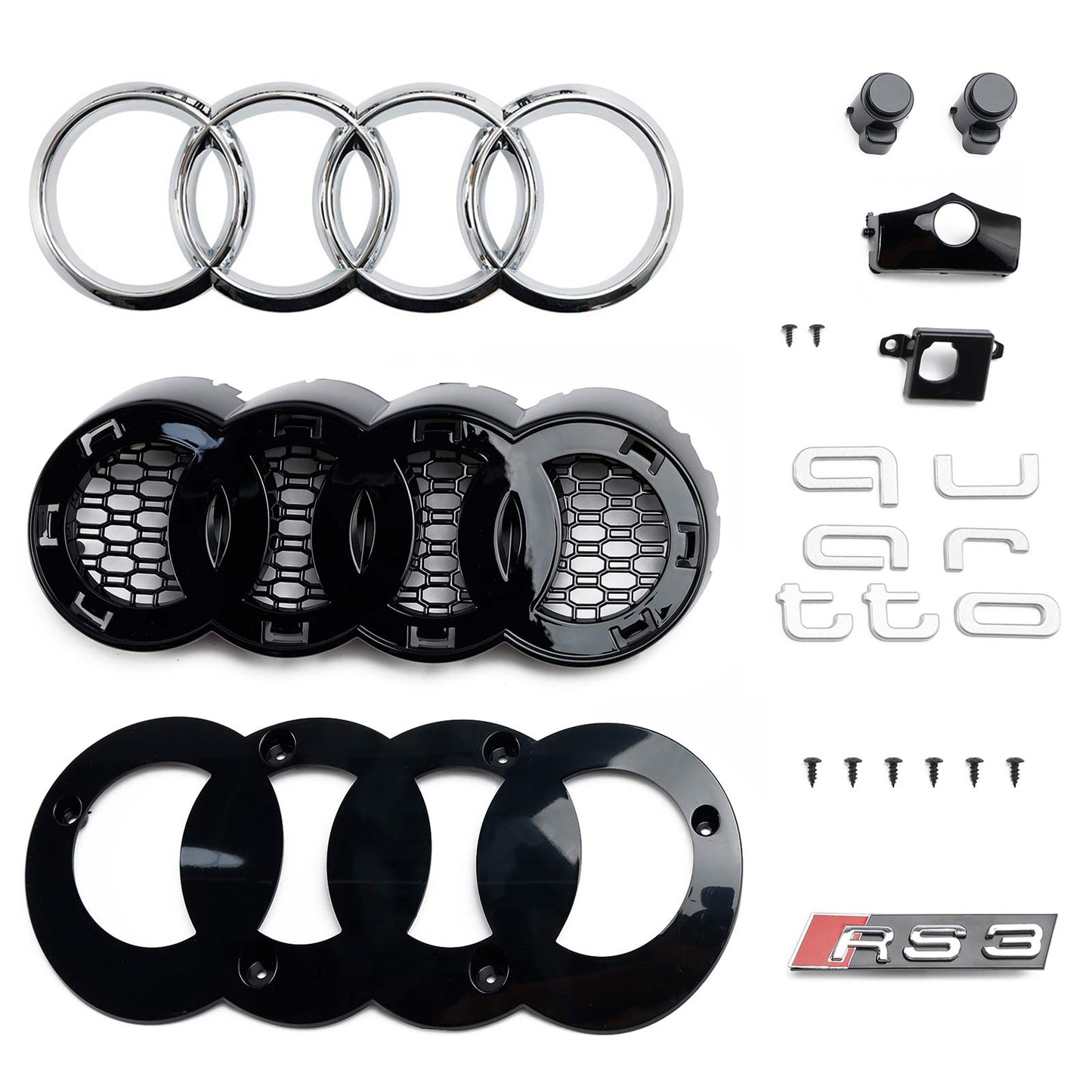 2017-2019 Audi A3/ A3 Sline/ S3 RS3 Style Honeycomb Mesh Grille Front Bumper Glossy Black Grill With Ring Emblem