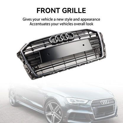 2017-2019 Audi A3 / A3 Sline / S3 Front Grille Chrome Black Slat Replacement Grill W/ Ring Emblem