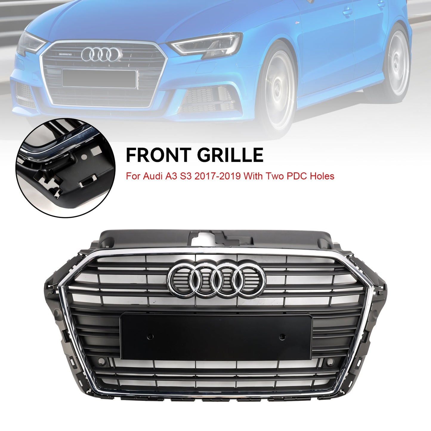 2017-2019 Audi A3 / A3 Sline / S3 Front Grille Chrome Black Slat Replacement Grill W/ Ring Emblem