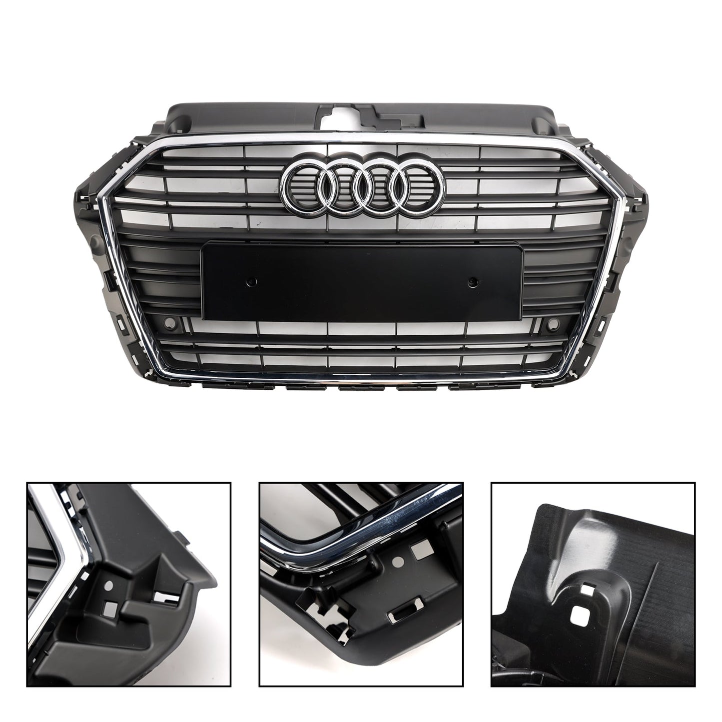 2017-2019 Audi A3 / A3 Sline / S3 Front Grille Chrome Black Slat Replacement Grill W/ Ring Emblem