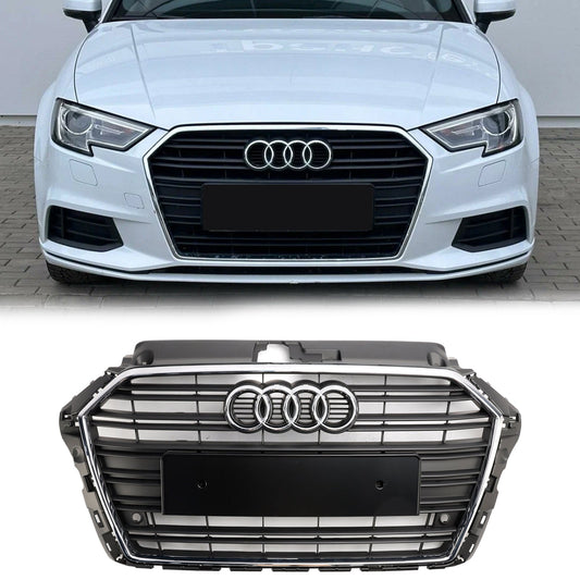 2017-2019 Audi A3 / A3 Sline / S3 Front Grille Chrome Black Slat Replacement Grill W/ Ring Emblem