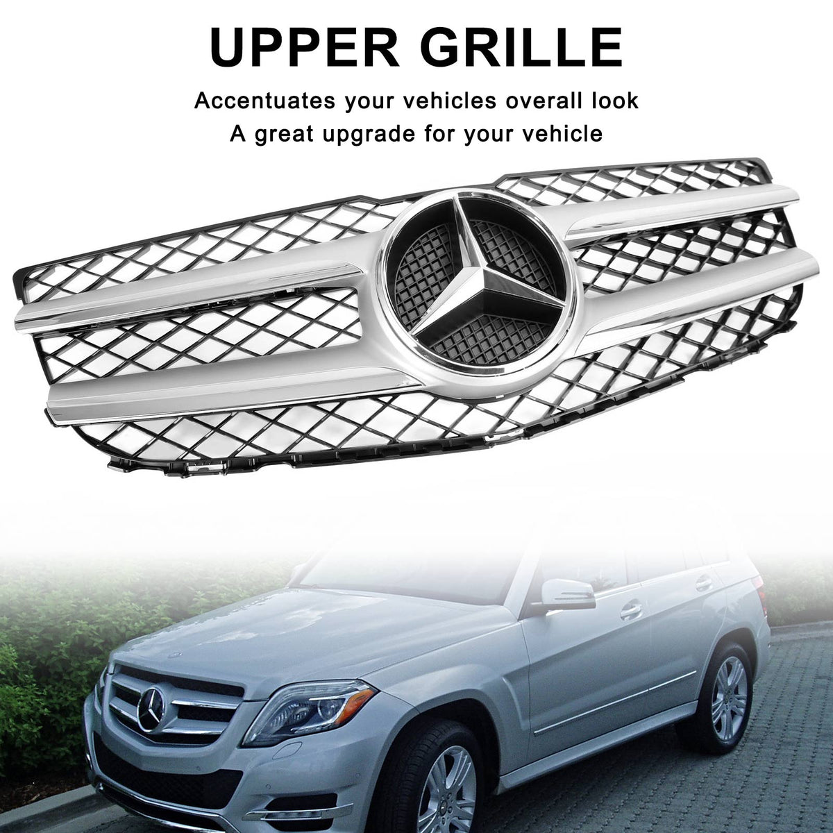 2013-2015 Mercedes-Benz GLK-Class X204 Chrome Front Grill Upper Bumper Replacement W/ Star Emblem Grille