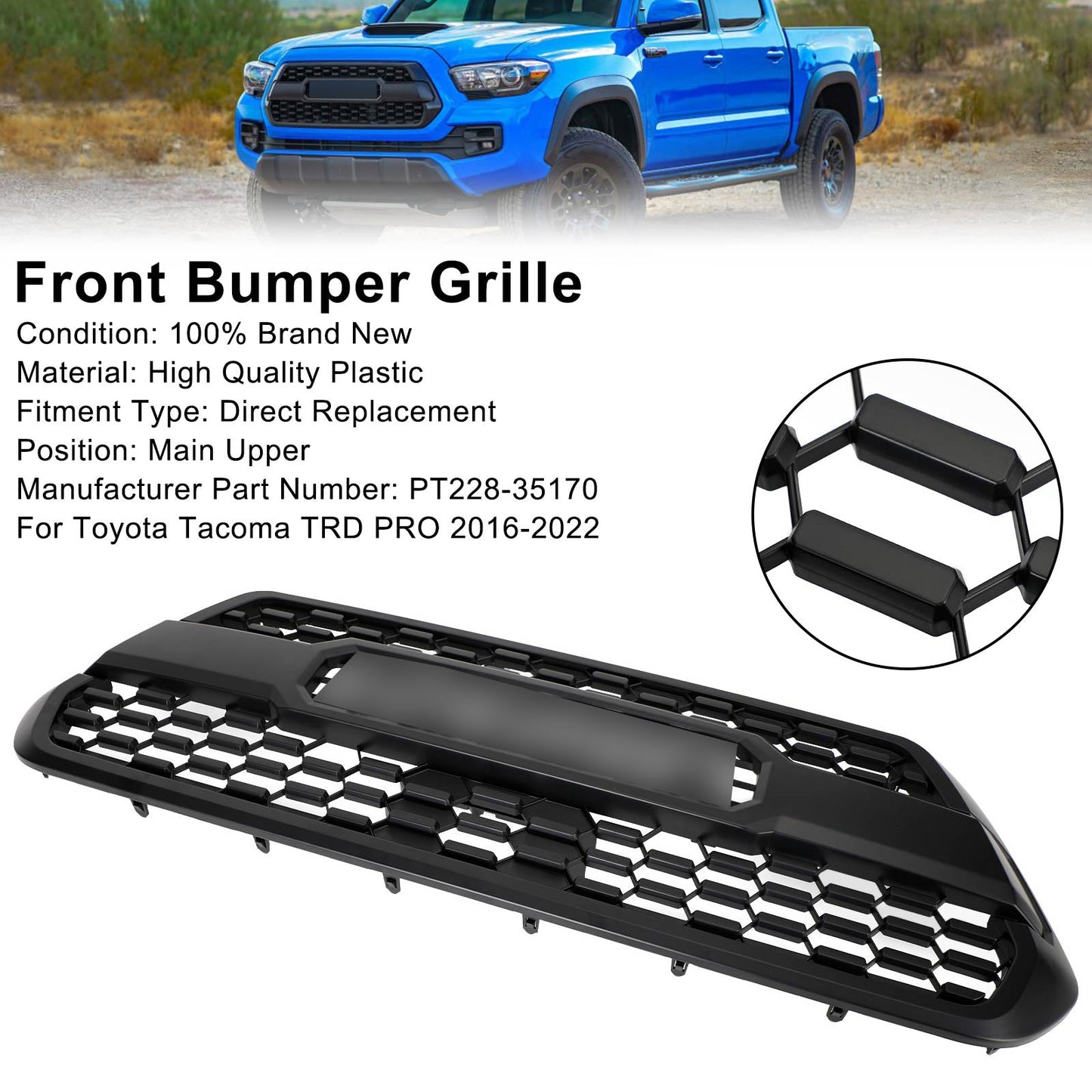 Toyota Tacoma 3rd Gen Front Grille 2016-2023  Honeycomb Bumper Matte Black Grille
