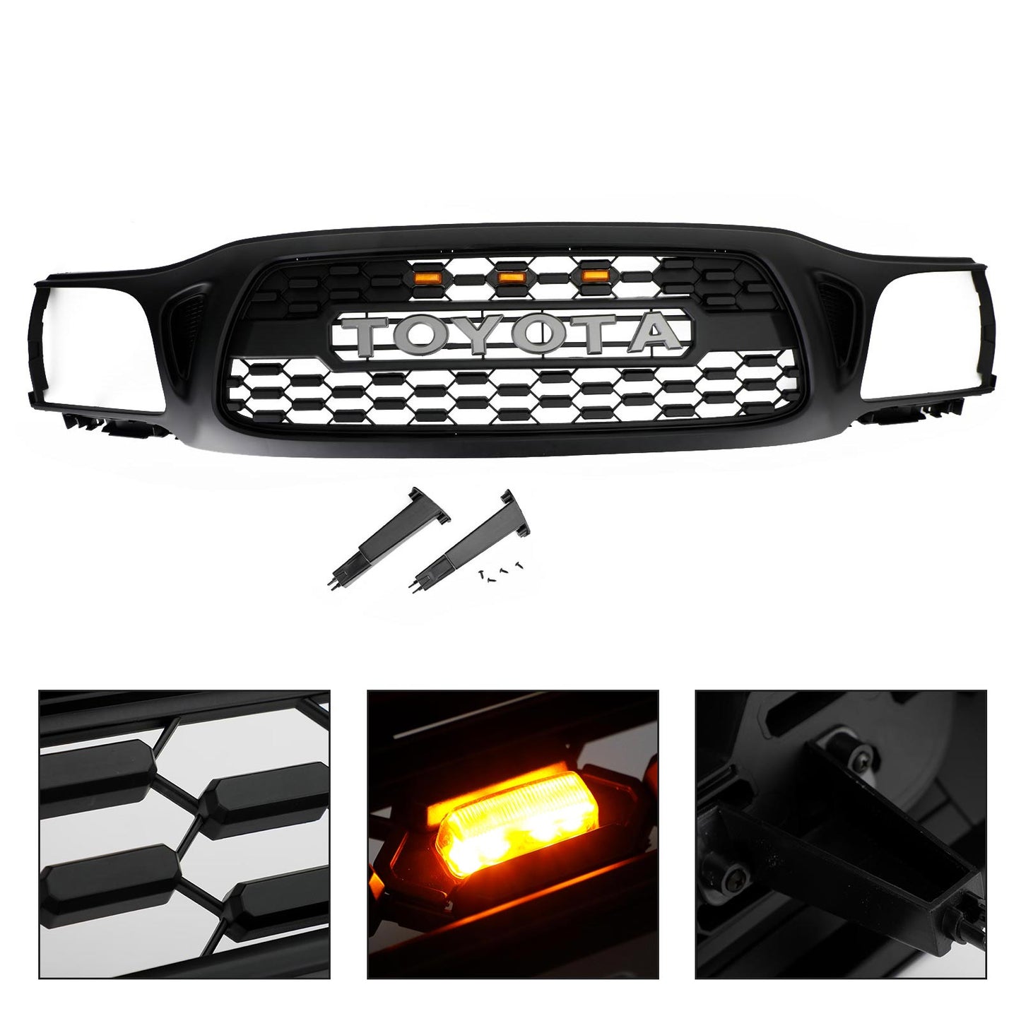 TRO PRO Style | Toyota Tacoma | Matt Black Grille | 2001 2002 2003 2004 | Front Bumper Grille + LED Light + Letter