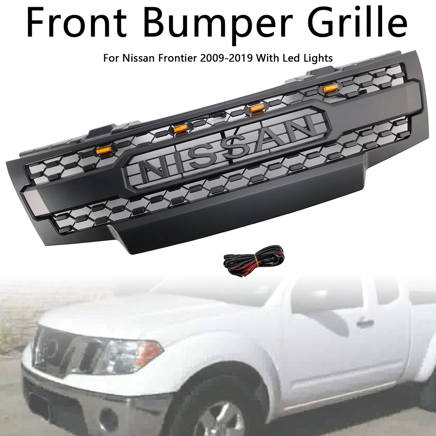 Nissan Frontier 2009-2016 Front Grille Honeycomb Replacement Upper Bumper Black Grille With LED Light