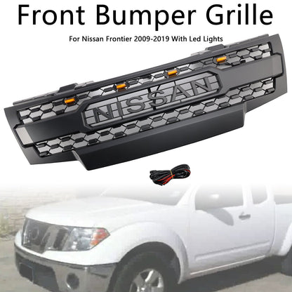 Nissan Frontier 2009-2016 Front Grille Honeycomb Replacement Upper Bumper Black Grille With LED Light