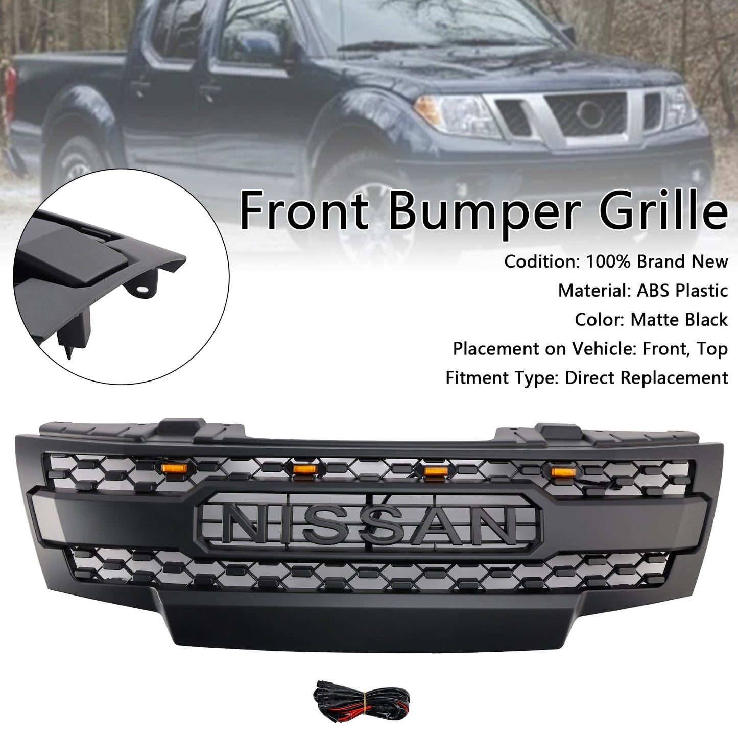 Nissan Frontier 2009-2016 Front Grille Honeycomb Replacement Upper Bumper Black Grille With LED Light