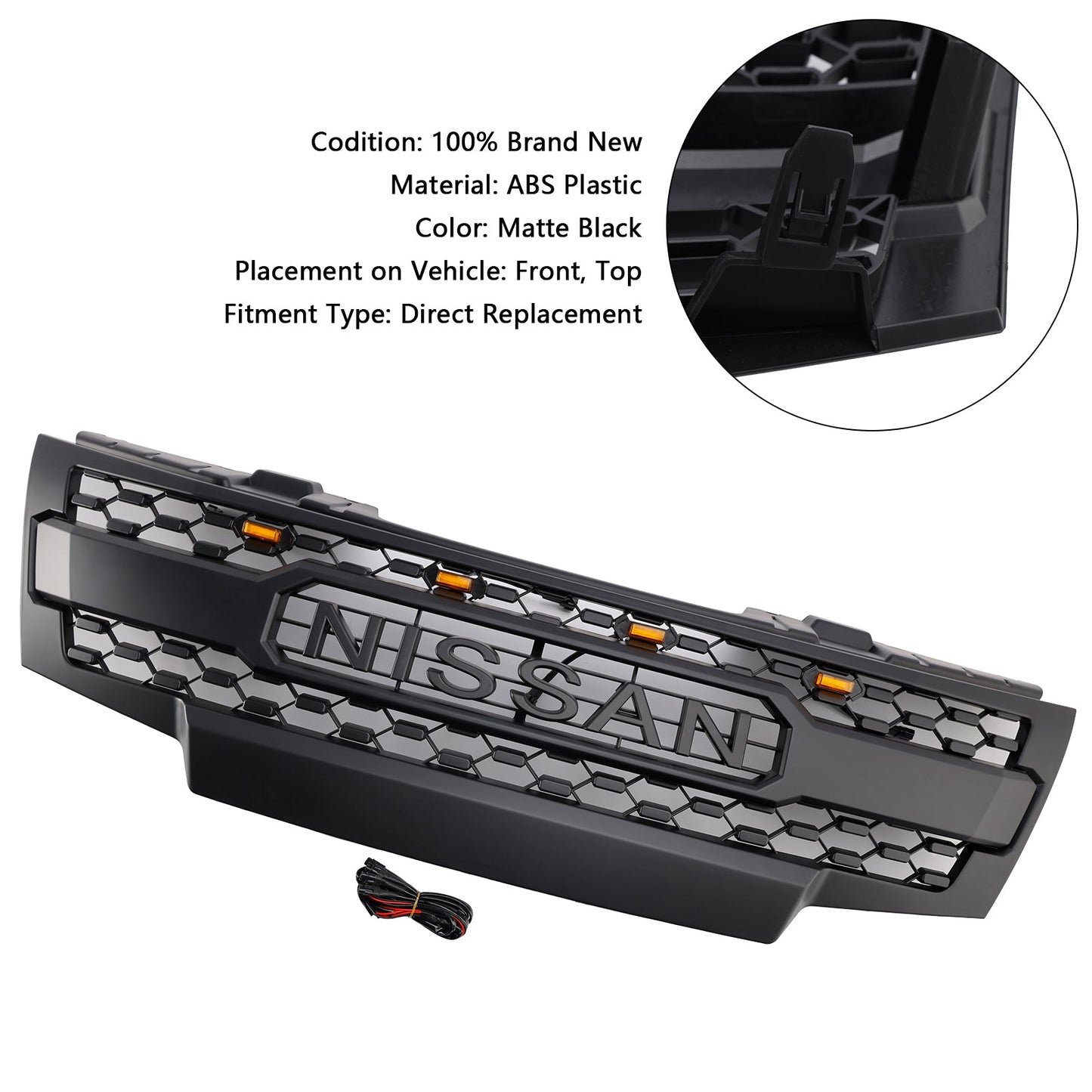 Nissan Frontier 2009-2016 Front Grille Honeycomb Replacement Upper Bumper Black Grille With LED Light