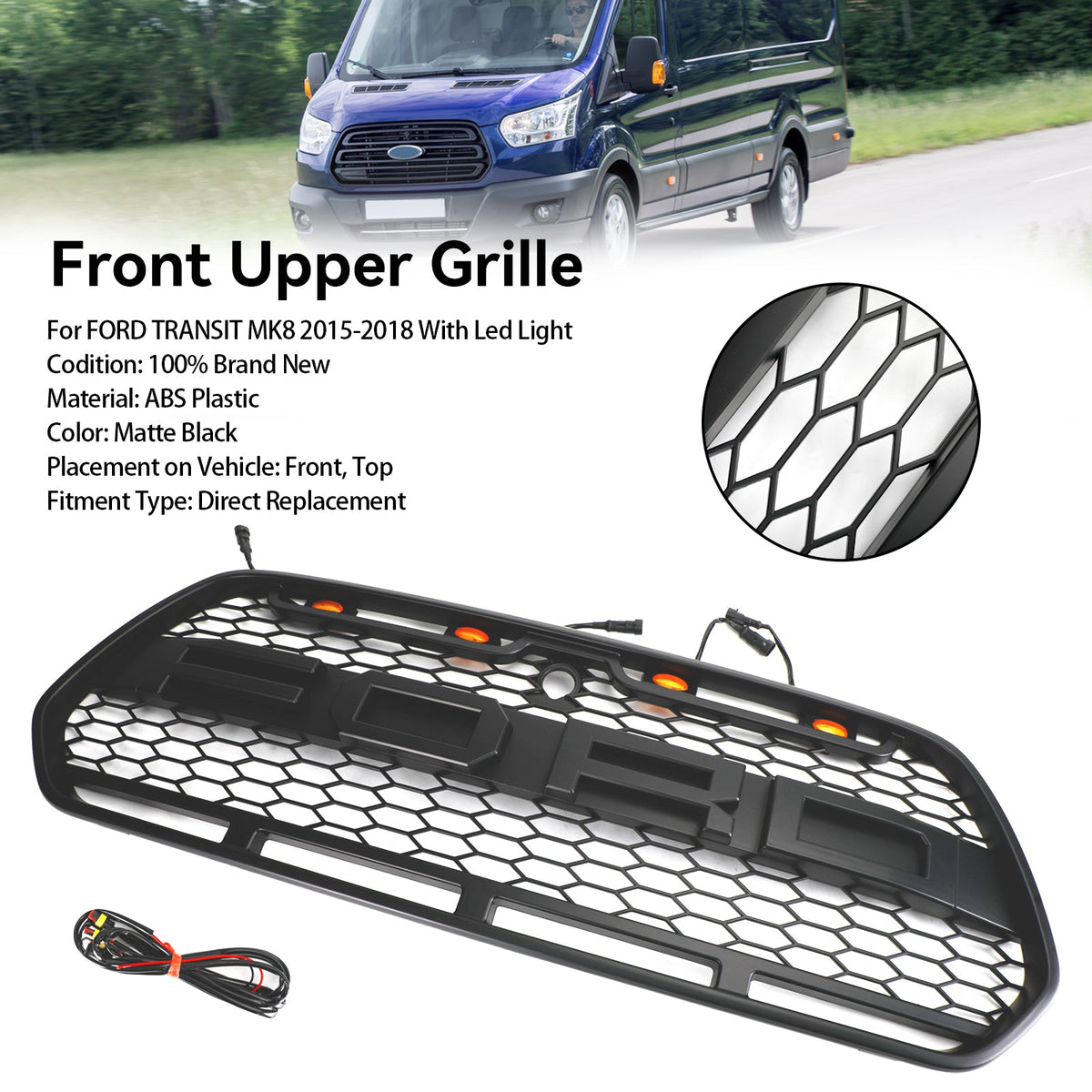 2015-2019 Ford Transit Mk8 Front Bumper Grille Raptor Style Black Grill w/LED