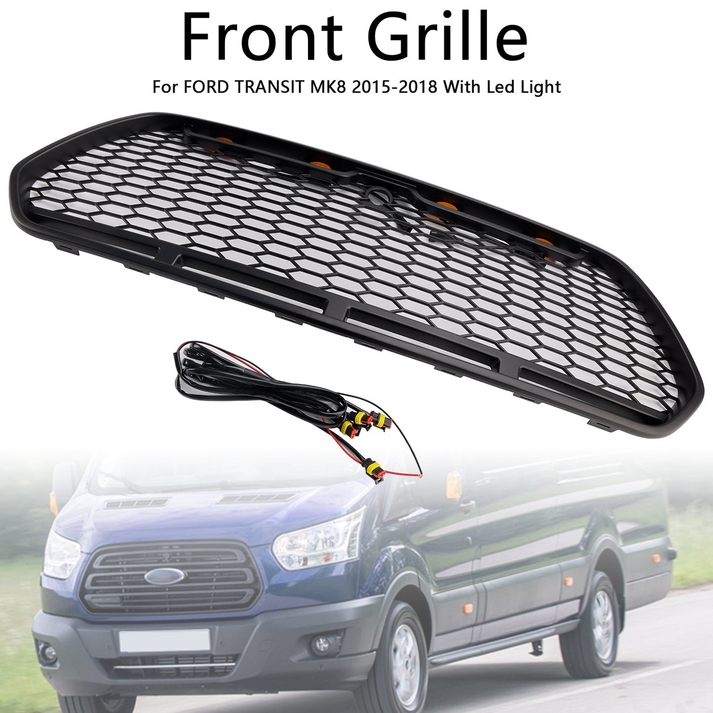 2015-2019 Ford Transit Mk8 Matt Black Front Bumper Grill Replacement Black Raptor Style Grille