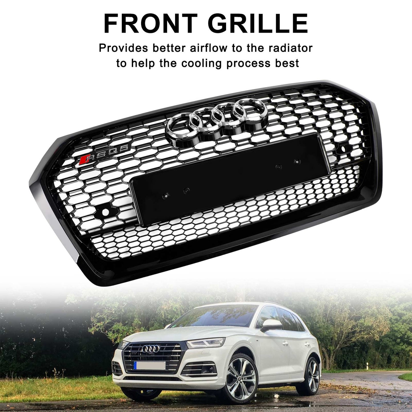 2018-2020 RSQ5 Style Honeycomb Grille For Audi Q5 / Q5 Sline / SQ5 Front Bumper Glossy Black Replacement Grill W/ Ring Emblem