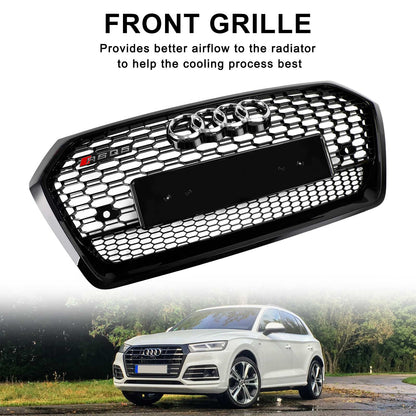 2018-2020 RSQ5 Style Honeycomb Grille For Audi Q5 / Q5 Sline / SQ5 Front Bumper Glossy Black Replacement Grill W/ Ring Emblem