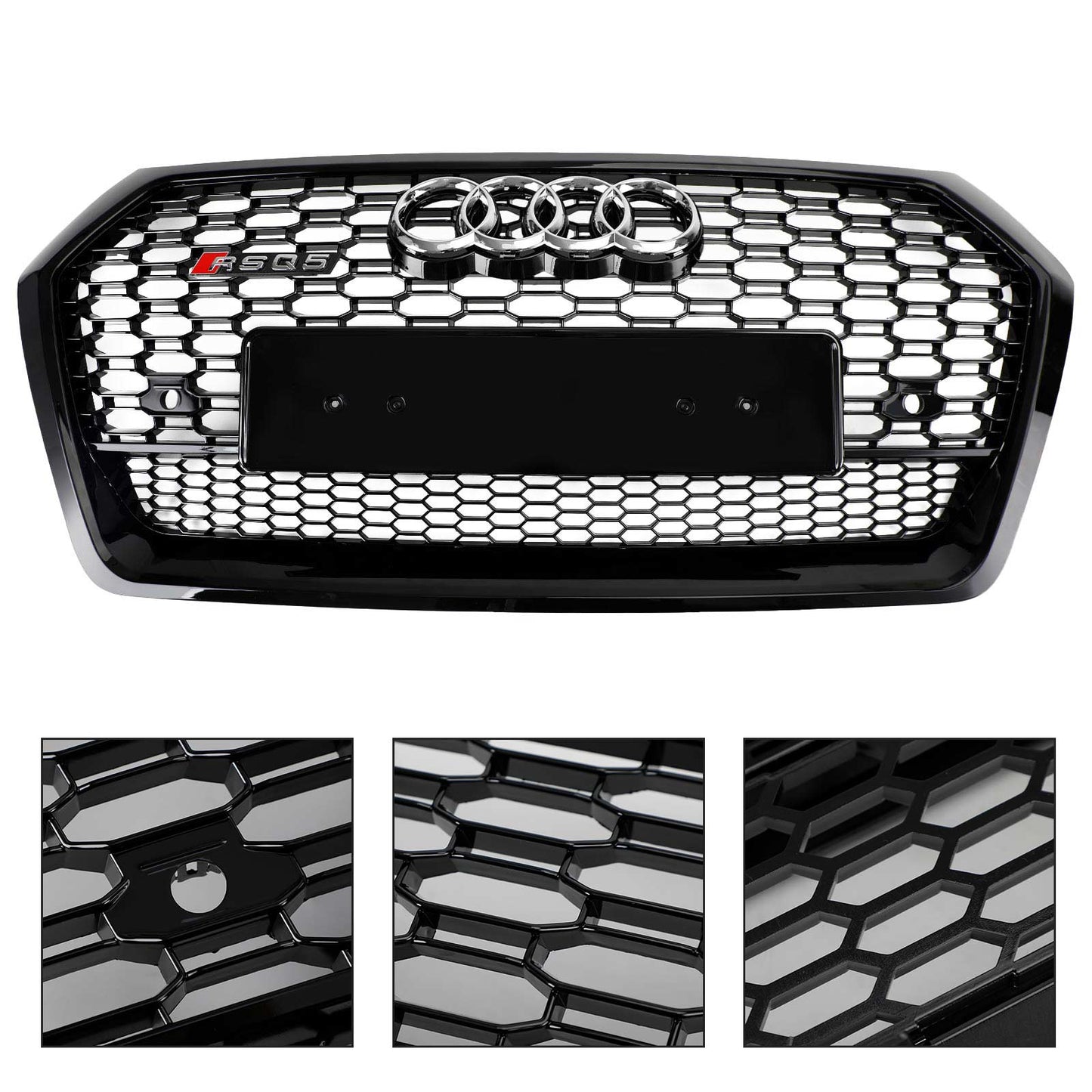 2018-2020 RSQ5 Style Honeycomb Grille For Audi Q5 / Q5 Sline / SQ5 Front Bumper Glossy Black Replacement Grill W/ Ring Emblem