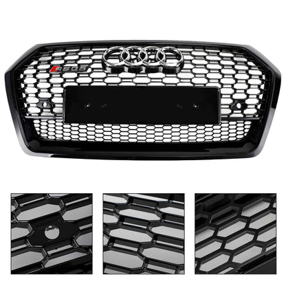 2018-2020 RSQ5 Style Honeycomb Grille For Audi Q5 / Q5 Sline / SQ5 Front Bumper Glossy Black Replacement Grill W/ Ring Emblem