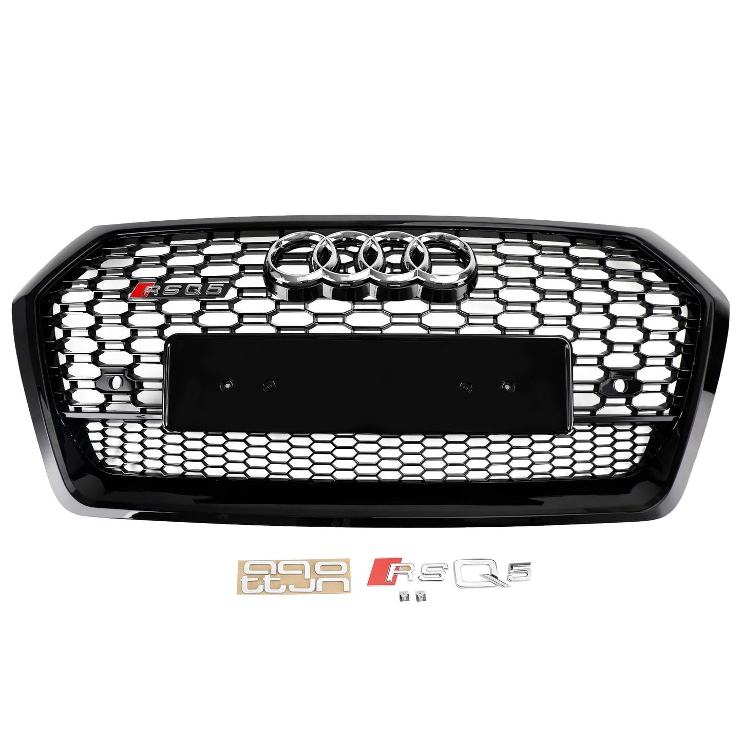 2018-2020 RSQ5 Style Honeycomb Grille For Audi Q5 / Q5 Sline / SQ5 Front Bumper Glossy Black Replacement Grill W/ Ring Emblem